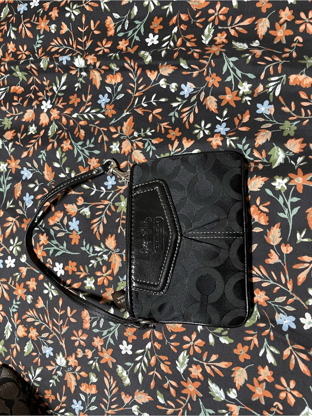 Coach Black Signature Small Wristlet with Leather Trim